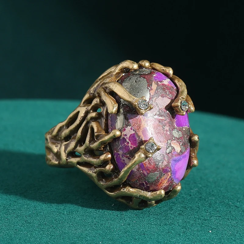 

Vintage Rings For Woman Purple Natural Stone Flower Antique Gold Color Branches Adjustable Accessories Luxury Brand Jewelry