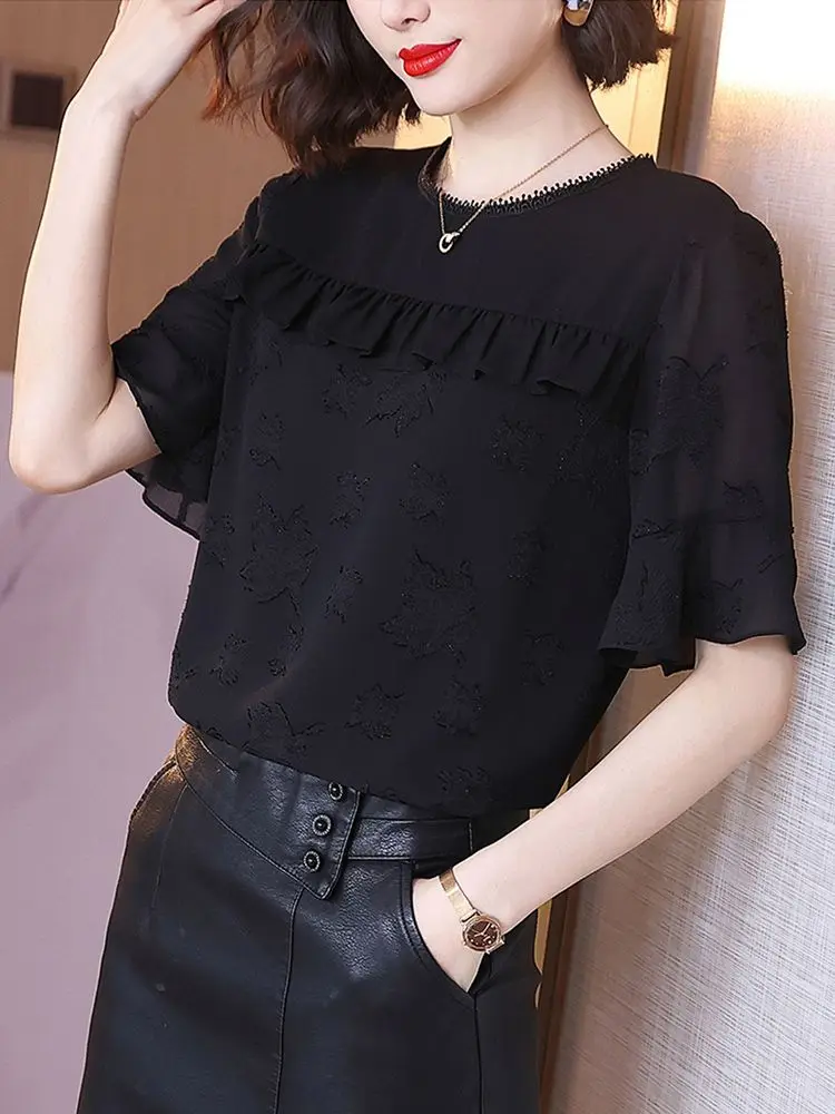 

Шифоновая блузка в стиле ретро, закрывающая живот, женская модная блузка с коротким рукавом, топ с круглым вырезом и половиной рукава, черный