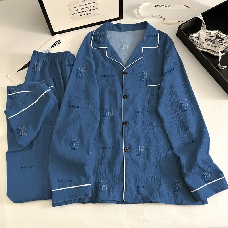 新しいファッショナブルなメンズ春/秋ヴィンテージミニマリストクラウドプリントコットンパジャマホームウェアセット、長袖とズボン付き