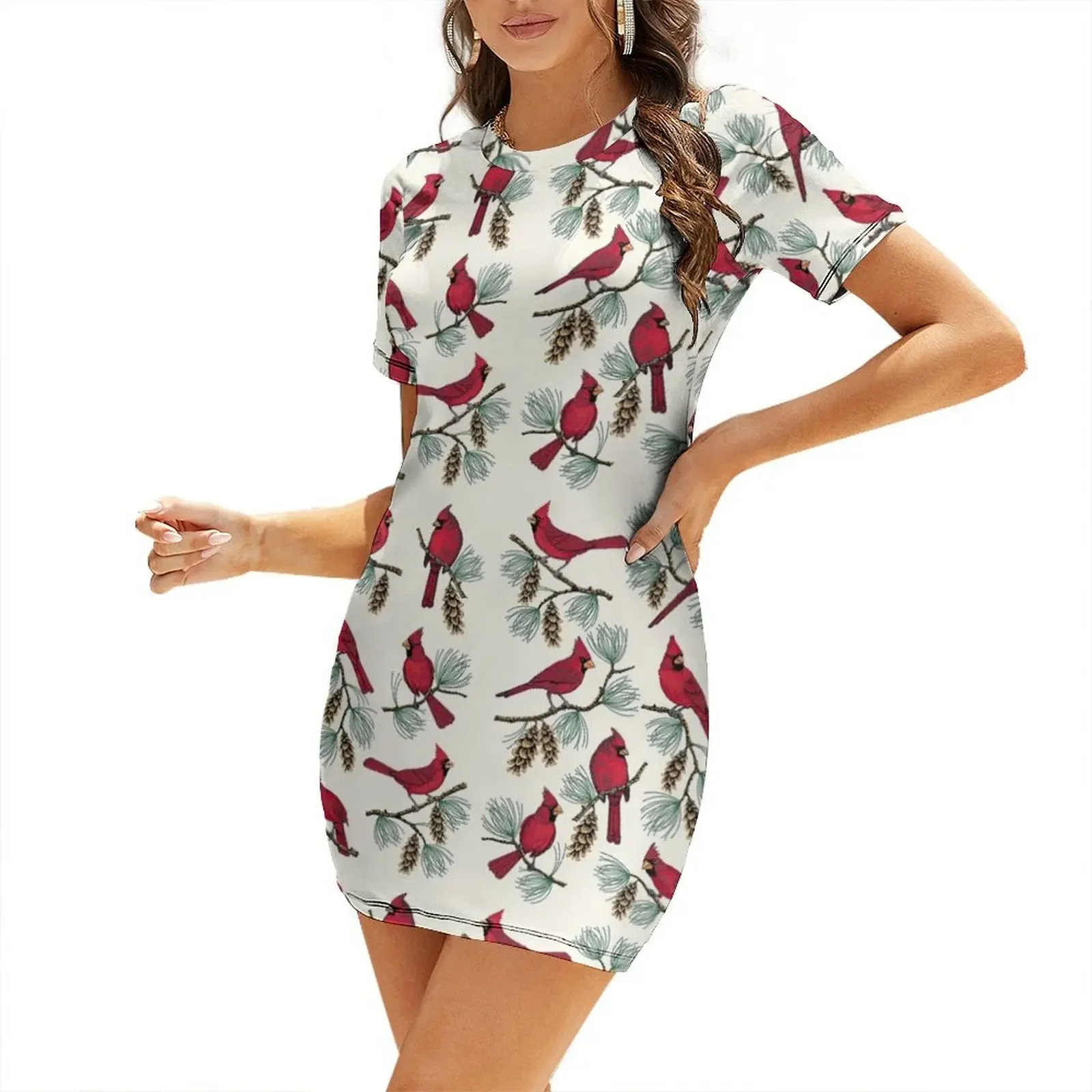 

Cardinals Embroidery Art Short-Sleeved Dress chic and elegant woman dress dresses for womens