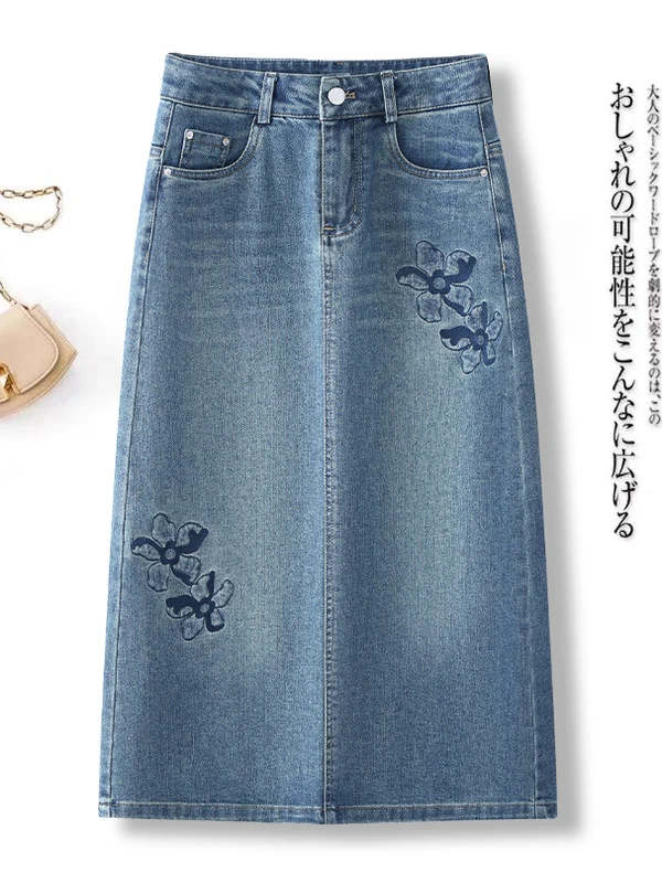 

Винтажная вышитая цветочная юбка-карандаш трапециевидной формы с разрезом на спине для женщин, юбка-миди с высокой талией и карманами, универсальная одежда для поездок на работу