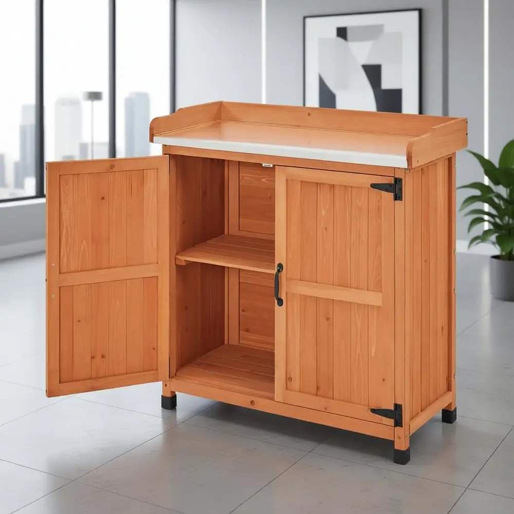 

Wooden Storage Cabinet with Removable Shelf & Flexible Space & Metal-Plated Tabletop for Outdoor Garden Patio, Brown