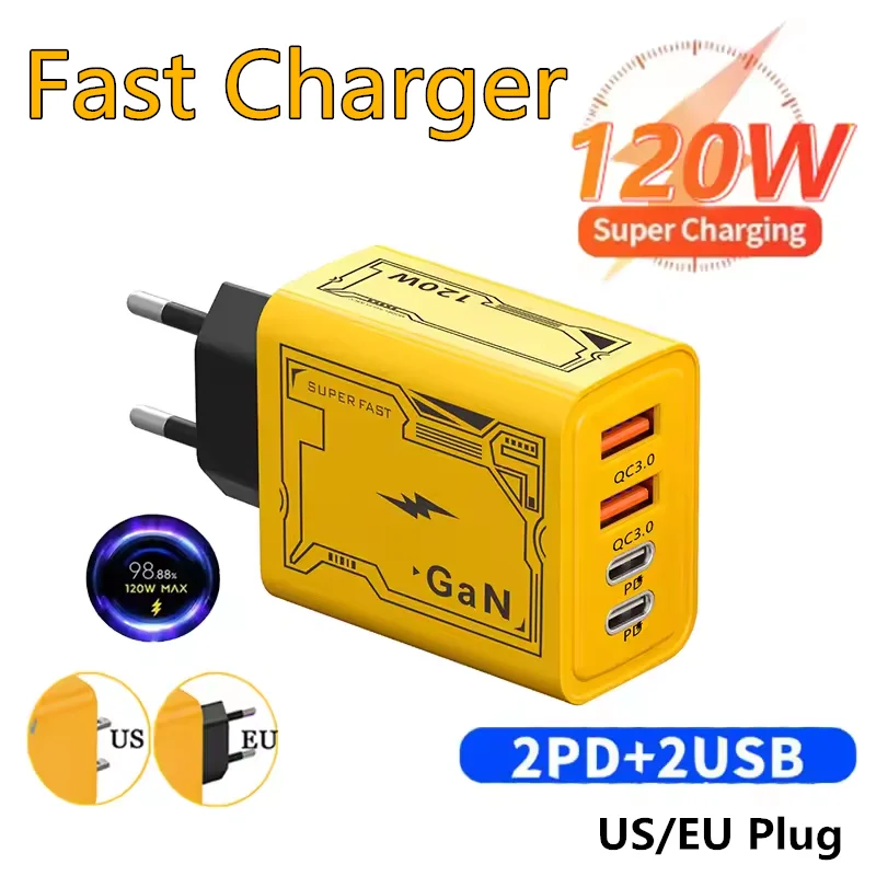 120W Fast Charger 4 prots Type-C PD Quick Charge Charger EU/US Plug Quick Charge USB 3.0 Charger Adapter For iPhone Samsung 2025