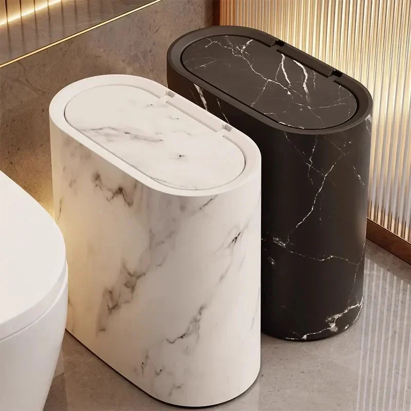 Nordic Plastic Trash Can Imitation Marble Texture Press Type Waste Basket Narrow Toilet Trash Bin OdorProof Bathroom Accessories