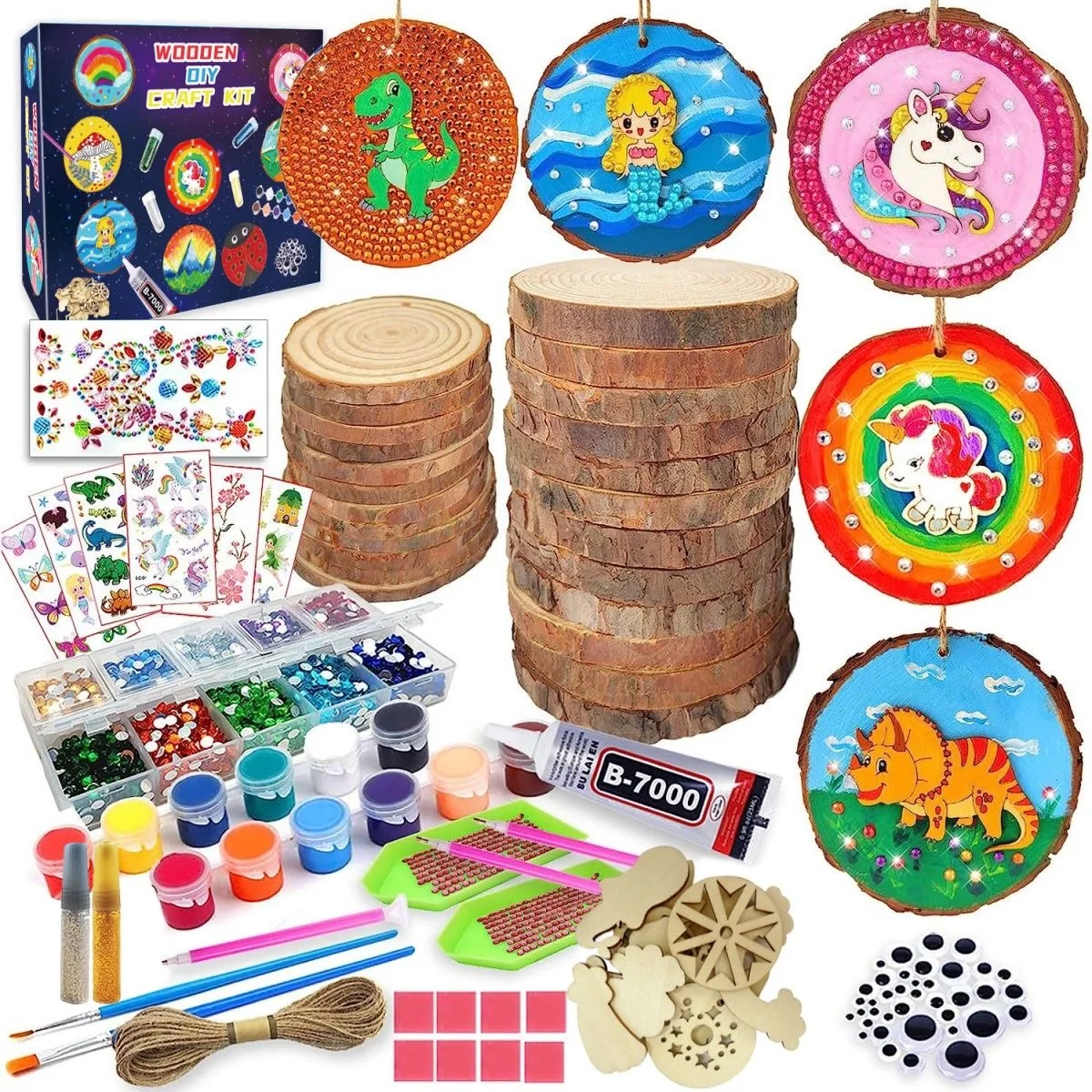 Kreatives DIY-Holzscheiben-Malset für Kinder, Bastelzubehör mit runden Aufklebern, Schnitzen und Diamantkunst, Eltern-Kind-Bastelspielzeug