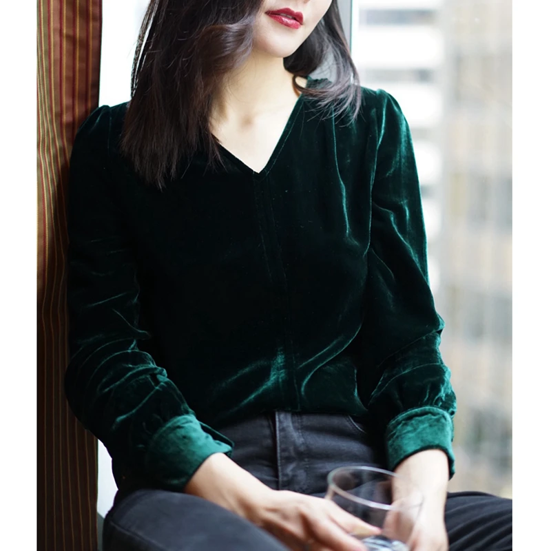 

Loose V-Ne Long Sve Silk Velvet irt Women's Spring Autumn Inner Wear Retro Sle Bubble Sve Pure Color OL Commute S...