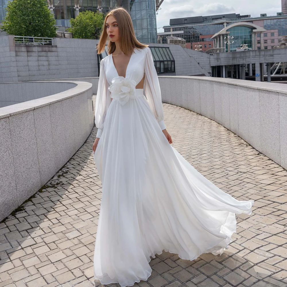 Customized Long Puff Sleeves Wedding Dresses A Line Deep V Neck Bridal Grown Chiffon Handmade Flower Open Back Vestido de novia