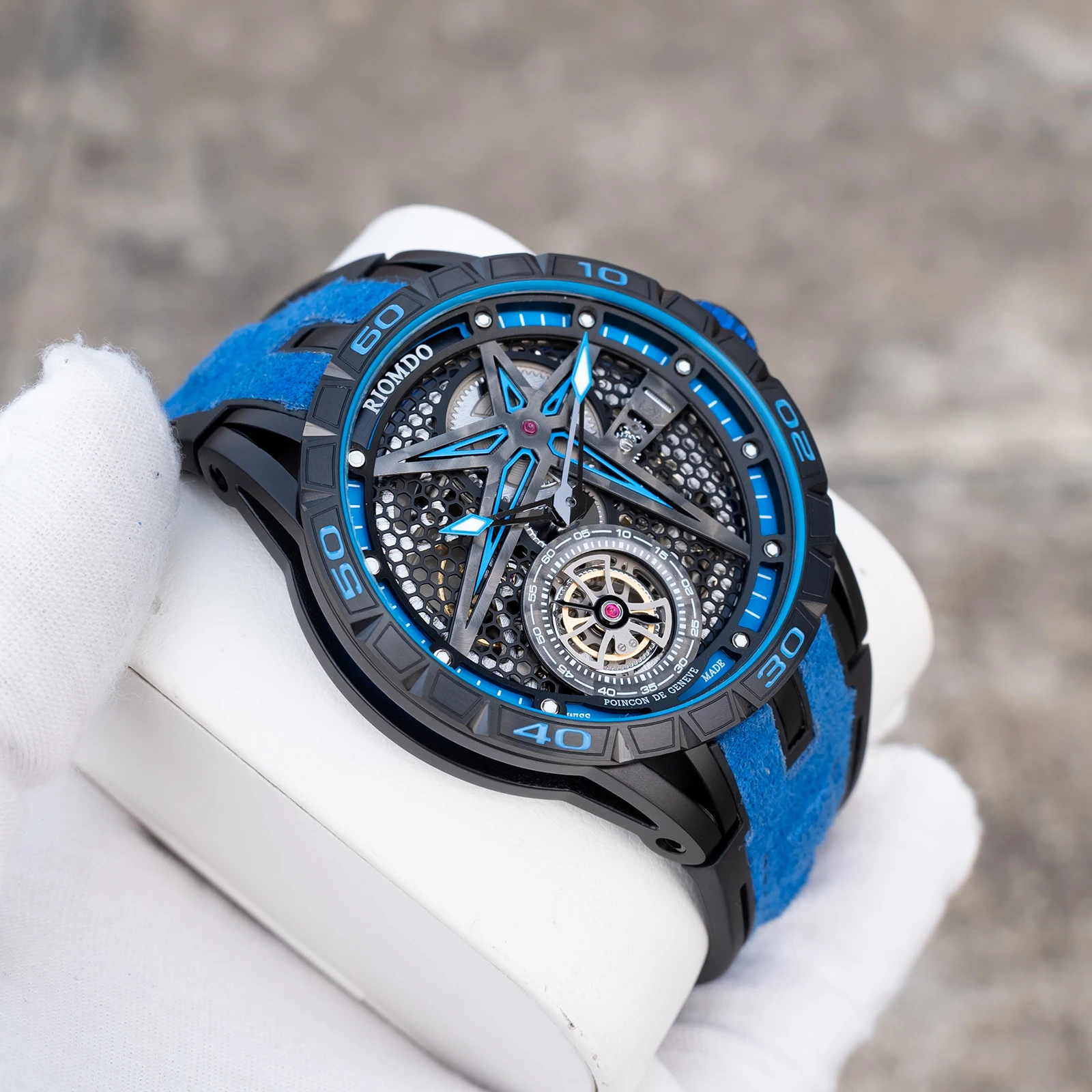 OBLVLO Men's 46mm Machinery Skeleton Dial Mechanical Automatic Watch Luminous Waterproof Blue Rubber Band Military Watch RD-901