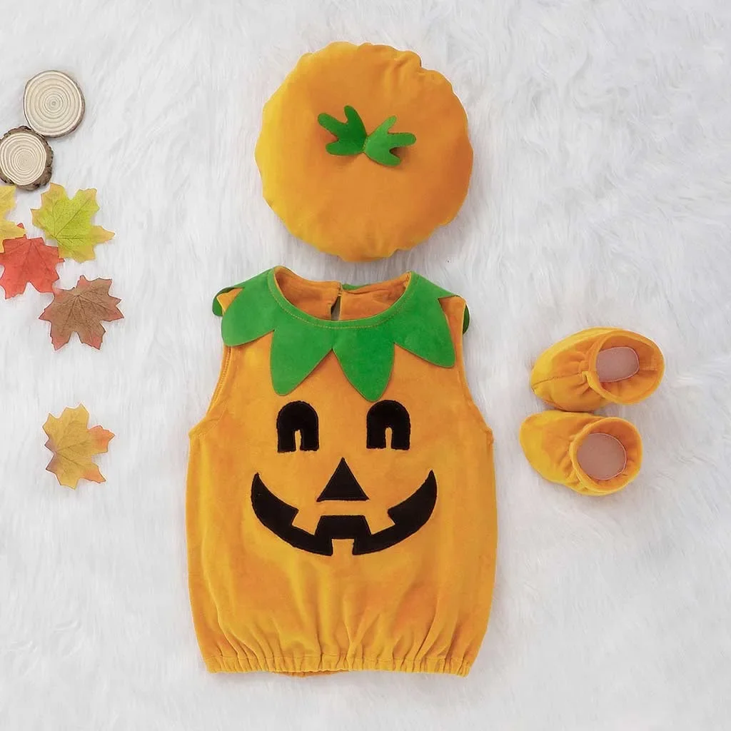 Cute 3Pcs Cosplay Halloween Baby Kids Pumpkin Suit Tops+Hat+Shoes Clothes Costumes Sleeveless Warm Soft Cotton Clothing 0-3Years