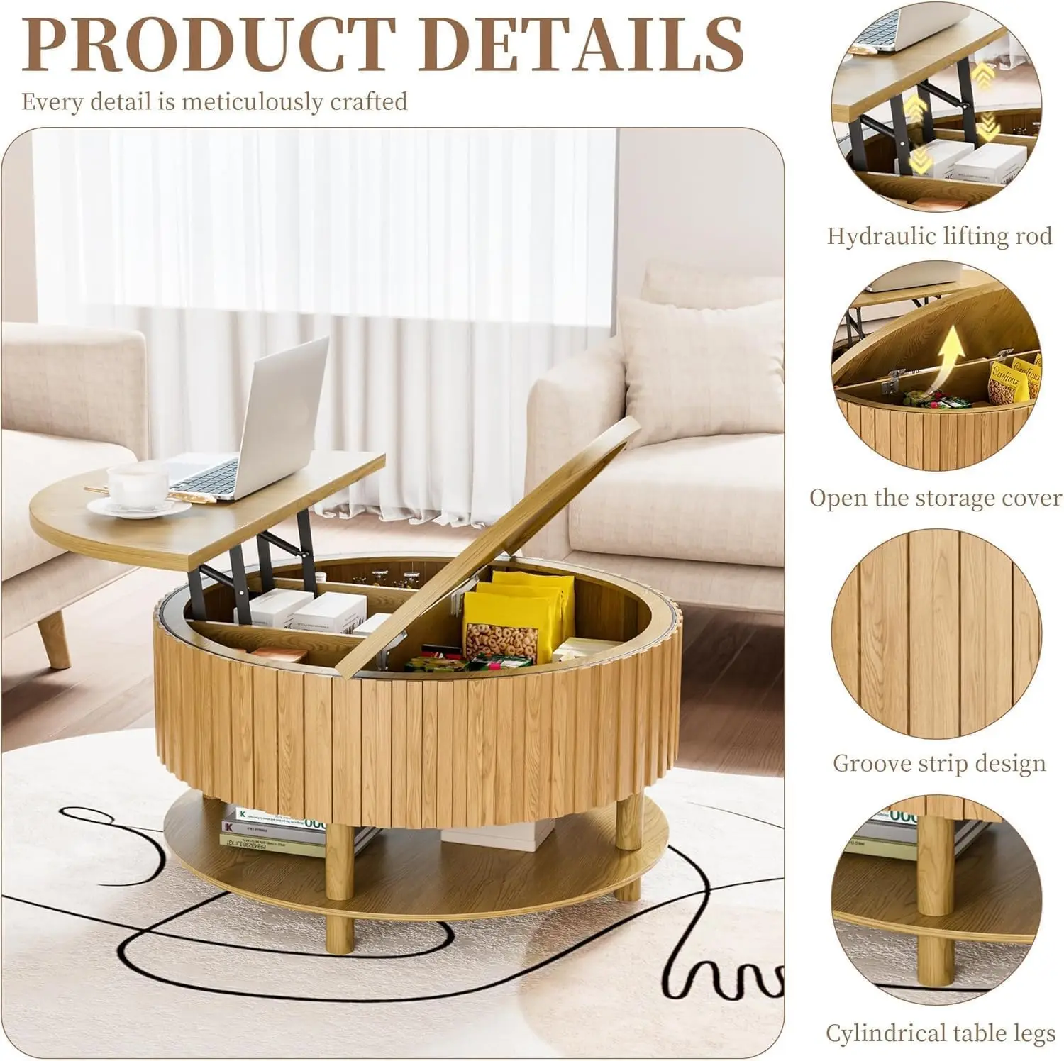 طاولة قهوة مستديرة قابلة للرفع مع مساحة تخزين، طاولة قهوة حديثة بطبقتين مقاس 31.5 بوصة مع مساحة تخزين مخفية ورف مفتوح، مركز مزمر Ta #3