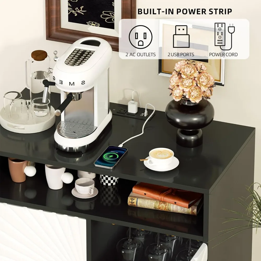 خزانة بار النبيذ المضيئة مع مخرج طاقة، وخزانة بار القهوة مع مساحة تخزين النبيذ وحامل زجاجي، Stora الخمور المعاصر