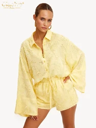 Clacive Fashion Loose Yellow 2 Piece Sets Women Outfit 2024 Casual Long Sleeve Shirt With High Waist Shorts Set Streetwear