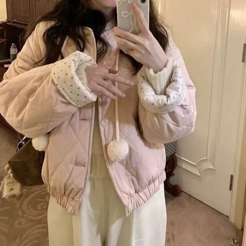 Kimotimo Winter Pink Floral Quilted Coat Women Korean Sweet Double-sided Loose Warm Cotton Jacket Casual Fashion Short Parkas