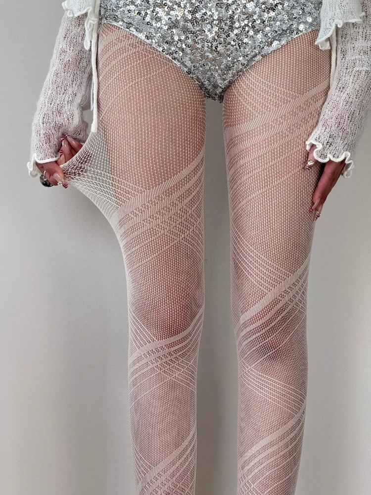 New Printed Fishnets White Tights Punk Gothic Lolita Spicy Girls Fishnet Stockings Women Sexy Thin Sheer Striped Mesh Pantyhose