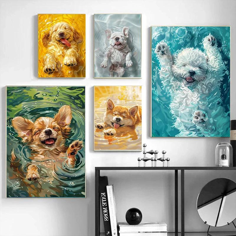 Funny Dogs Happy Life Canvas Poster Cute Chihuahua Bichon Frise Bulldog Swimming Wall Art Prints Painting Home Bathroom Decor