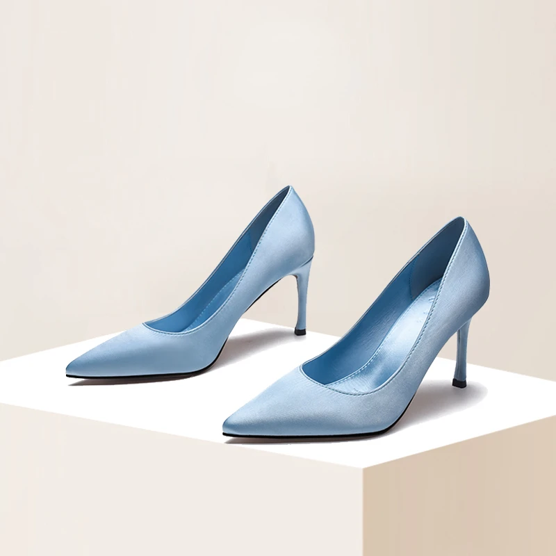 

Young Girl Pure Color High Heels Women Spring Autumn Sky Blue Satin 8cm Pumps Pointed Toe Slip-on Fashion Daily Wear Work Shoes