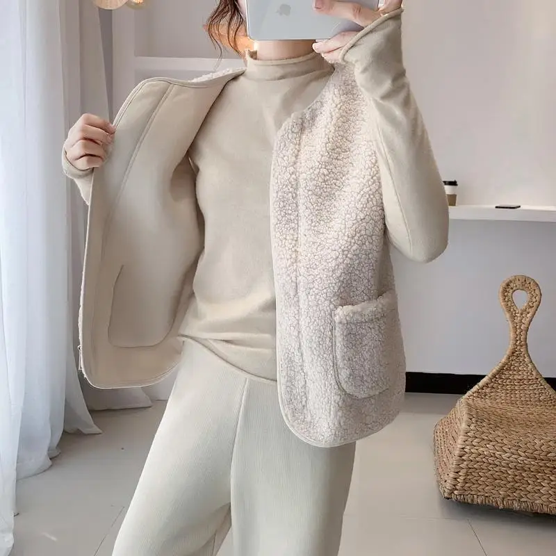 Autumn Winter New Fashion Solid Round Neck Sleeveless Lamb Wool Vest Women's Clothing Casual All-match Korean Loose Chic Tops