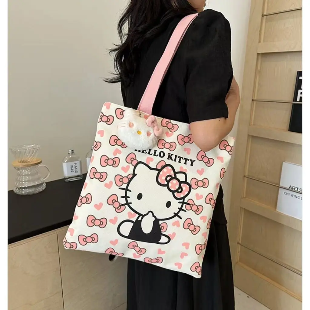 Hello Kitty Sanrio Kuromi Canvas Bag Shoulder Bags High Capacity Binding Books Student Attend Class Portable Bag Girls Gifts