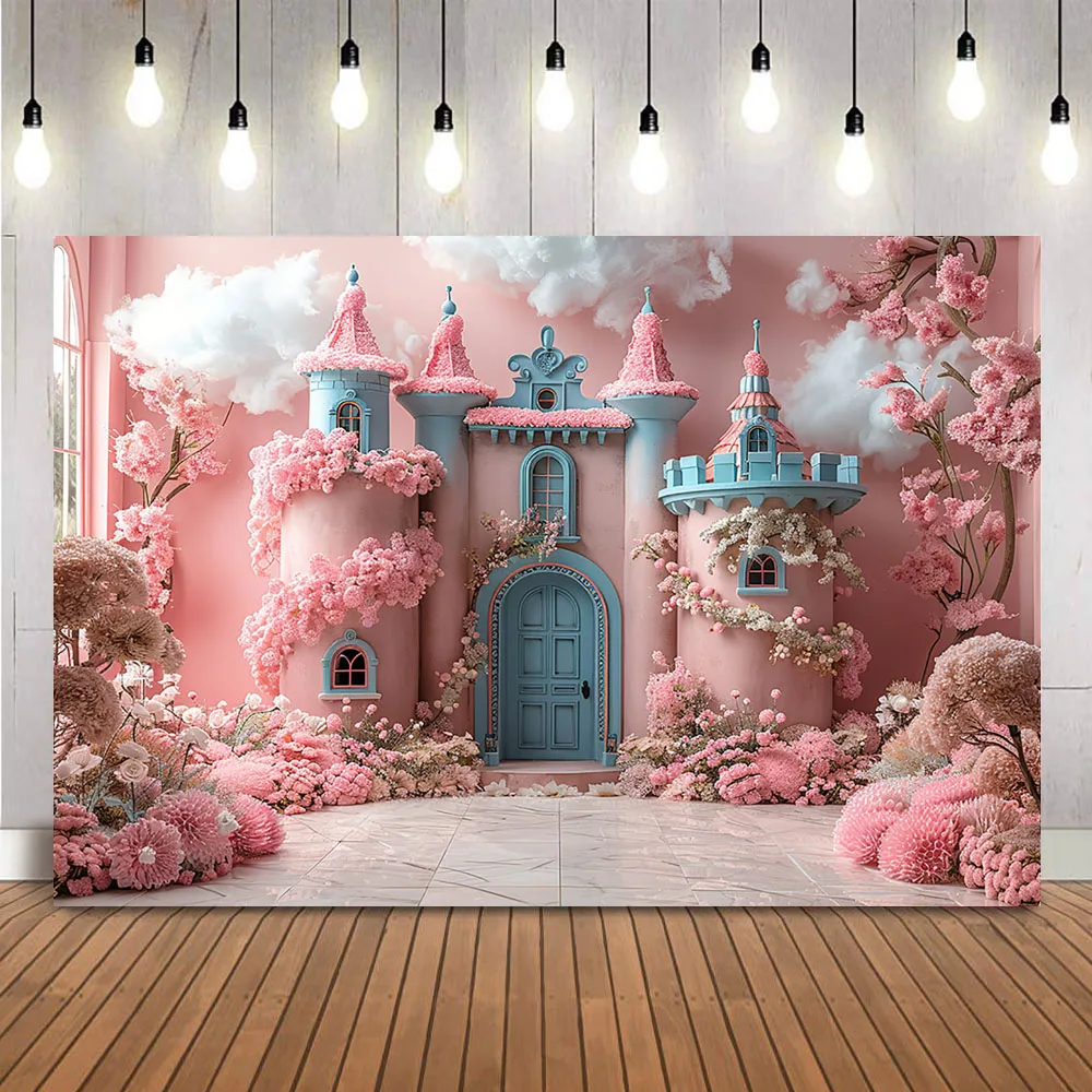 

Lovely Pink Pastel Castle Backdrop For Photography Cake Smash White Clouds Photo Booth Background Kids Children Decoration Prop