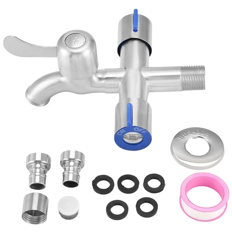 AB08-Stainless Steel Three Way Tap Sink Faucet Washing Machine 2 Way Angle Valve With Tape