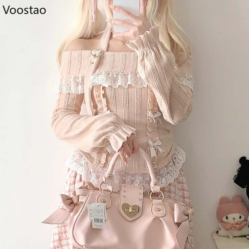 Vintage Kawaii Lolita Style Knitted Pullover Women Elegant Slash Neck Off Shoulder Bow Lace Ruffles Sweater Women Knitwear Tops