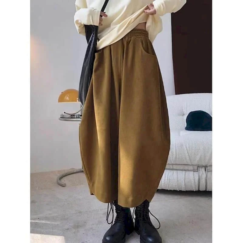 Lantern Pants Solid Cotton Blend Casual Loose Korean Style Drawstring Elastic Waist Trousers Women Clothing Artistic Harem Pants