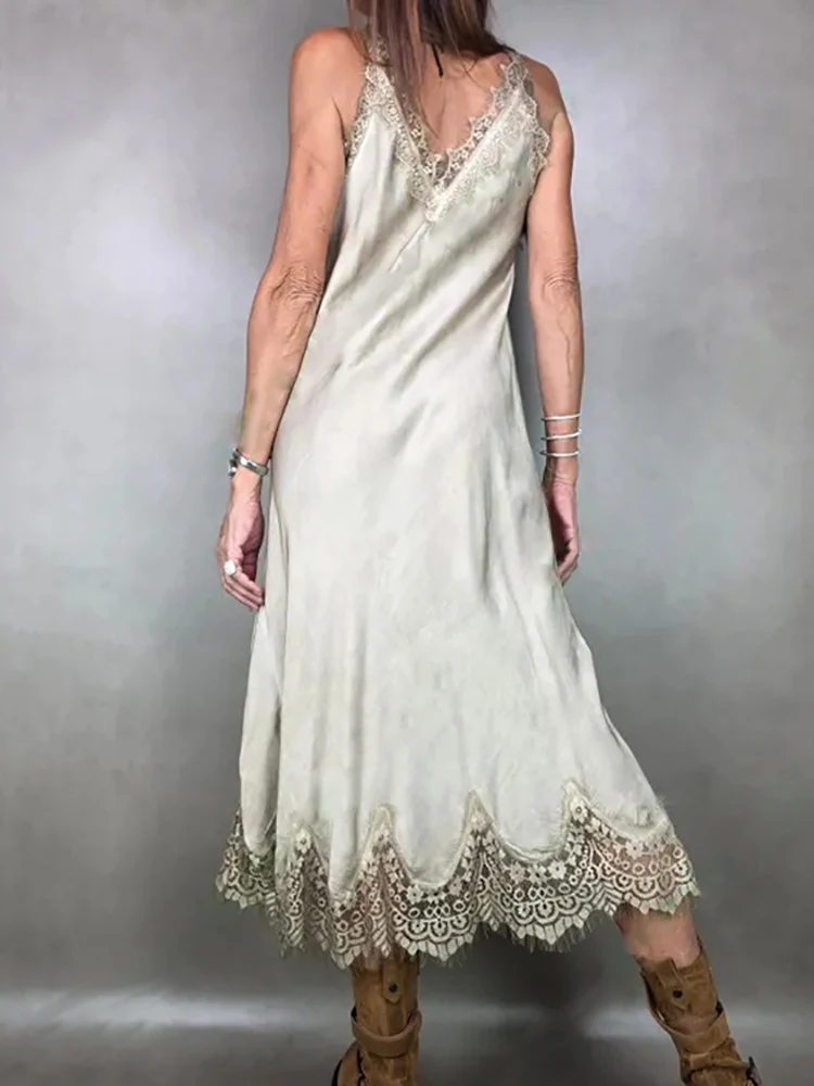 Abito lungo patchwork in pizzo sexy con cinturino per spaghetti, abito da festa elegante senza maniche estivo da donna, abito da donna alla moda per le vacanze 2025