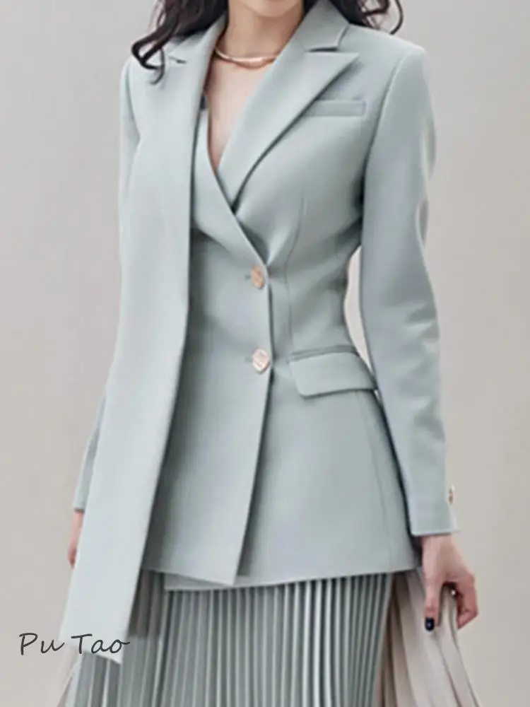 PuTao Formal Evening Party Dress 2 Pcs Set Notched Single Breasted Coat Pleated Irregular Skirt Women\'s Suit Spring 2024 New