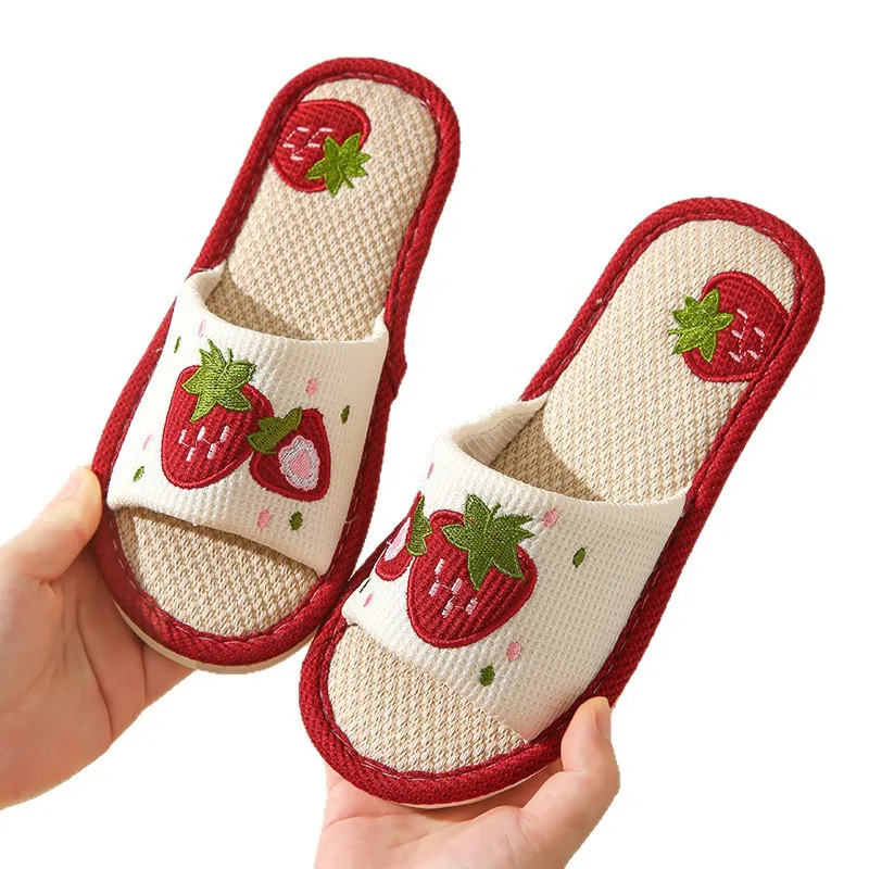 Strawberry Linen Women Slippers Home Open-Toe Designer Summer Girls Indoor Slides Non-Slip Soft Silent Breathable House Slippers view 6