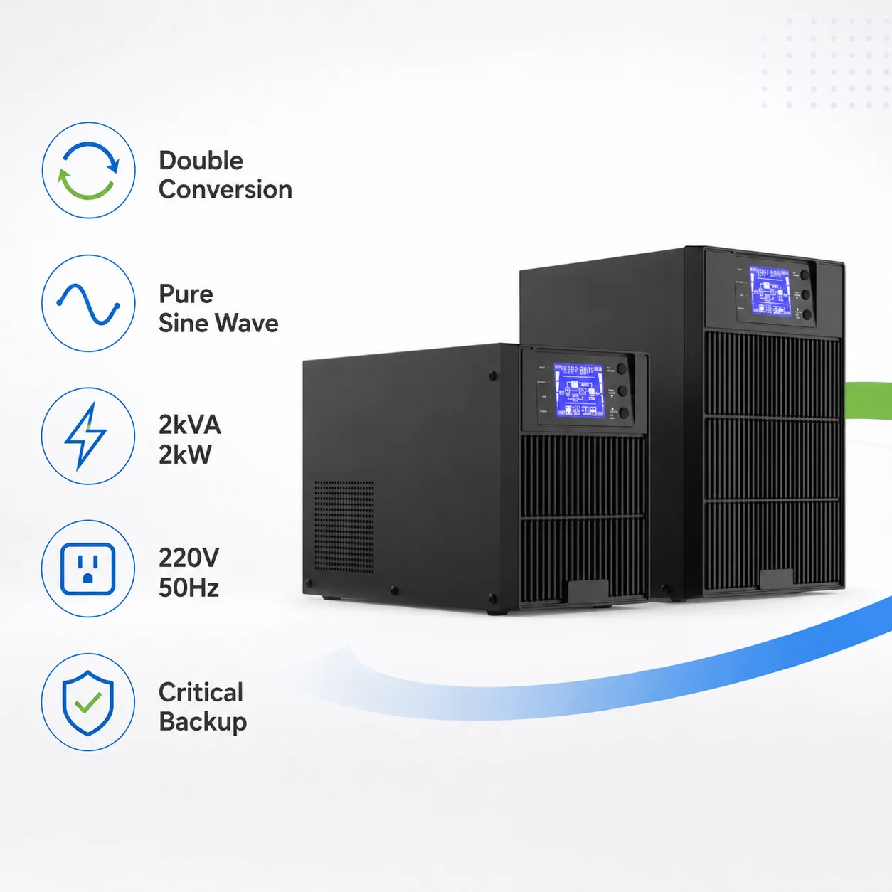 2kVA 2kW Online UPS Pure Sine Wave Power Factor 1.0 230Vac 50Hz Single Phase For Office Server Network Equipment Backup Pro