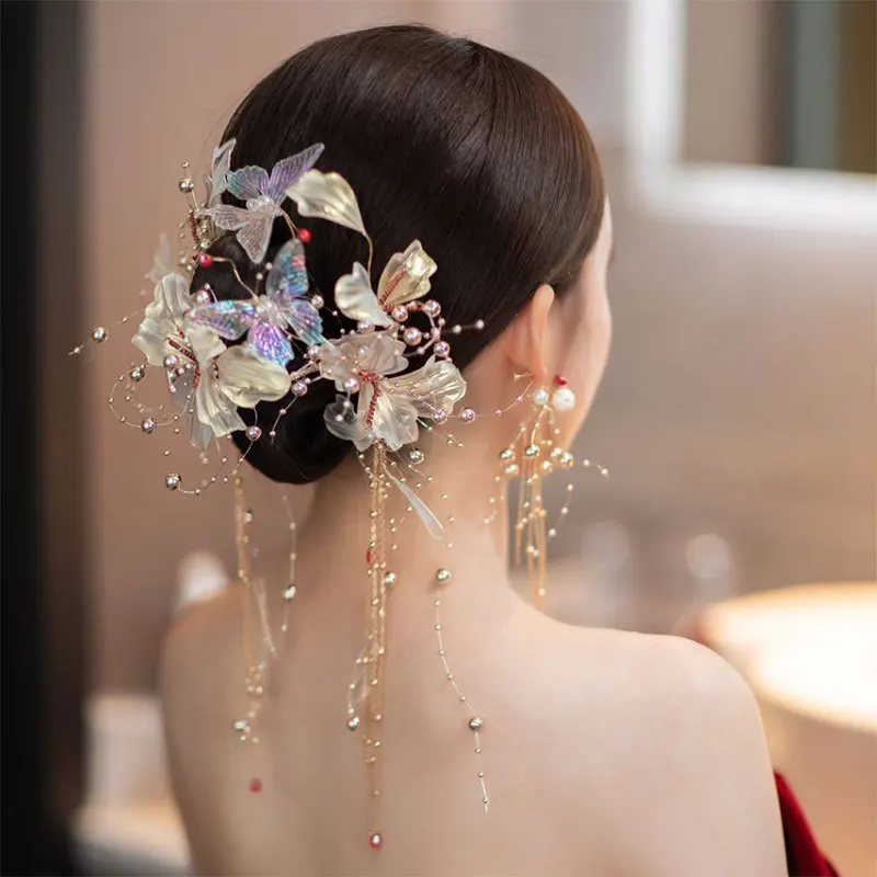 Bride Champagne Banquet Fashion Liquid Flower Colorful Butterfly Hair Accessories  Accesorios Para El Cabello