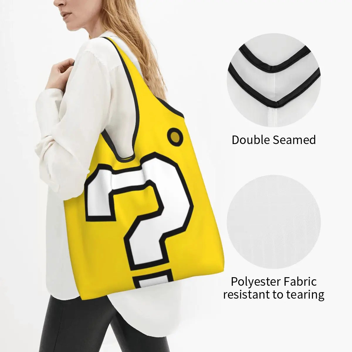Question Block Game Grocery Bag Durable Large Reusable Recycle Foldable Heavy Duty Shopping Tote Bag Washable Attached Pouch