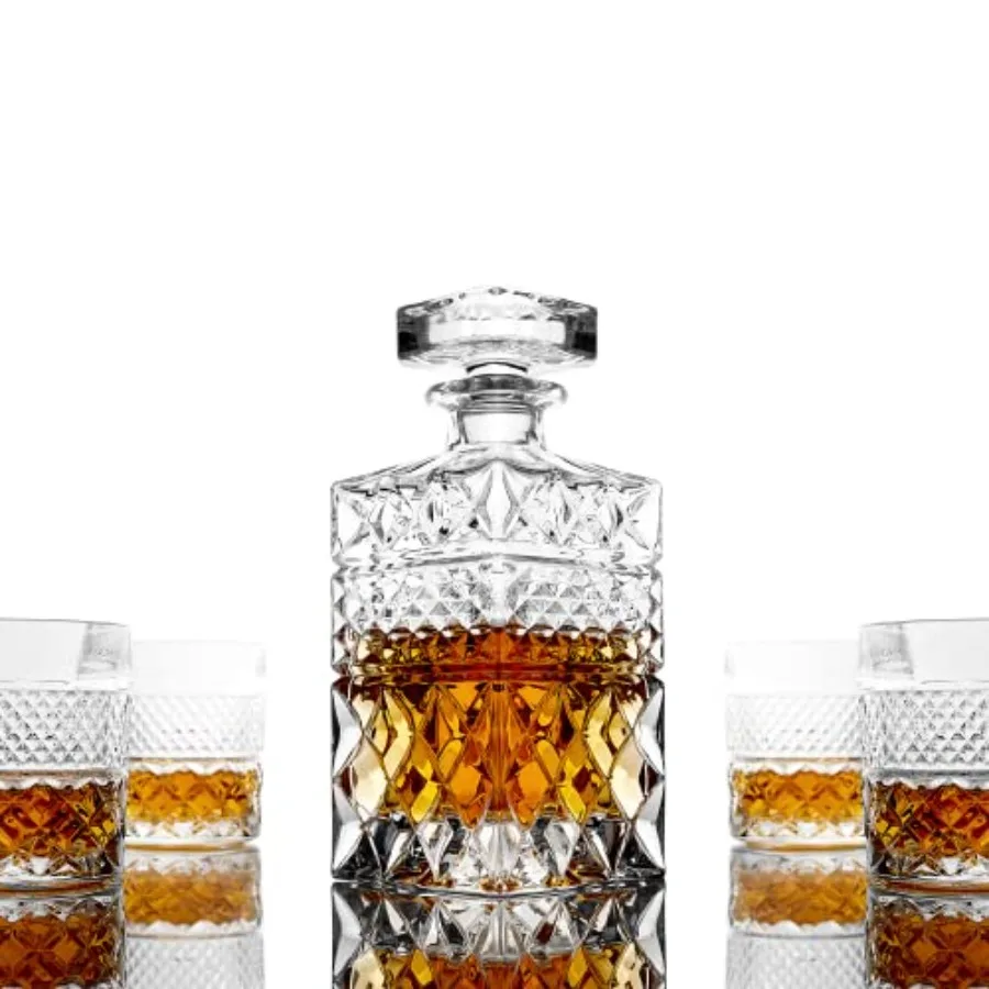 Whisky-Dekanter-Geschenkset mit 4 Cocktailgläsern und handgefertigten Granit-Whisky-Kühlsteinen, Whisky-Karaffe aus Glas für Liquo