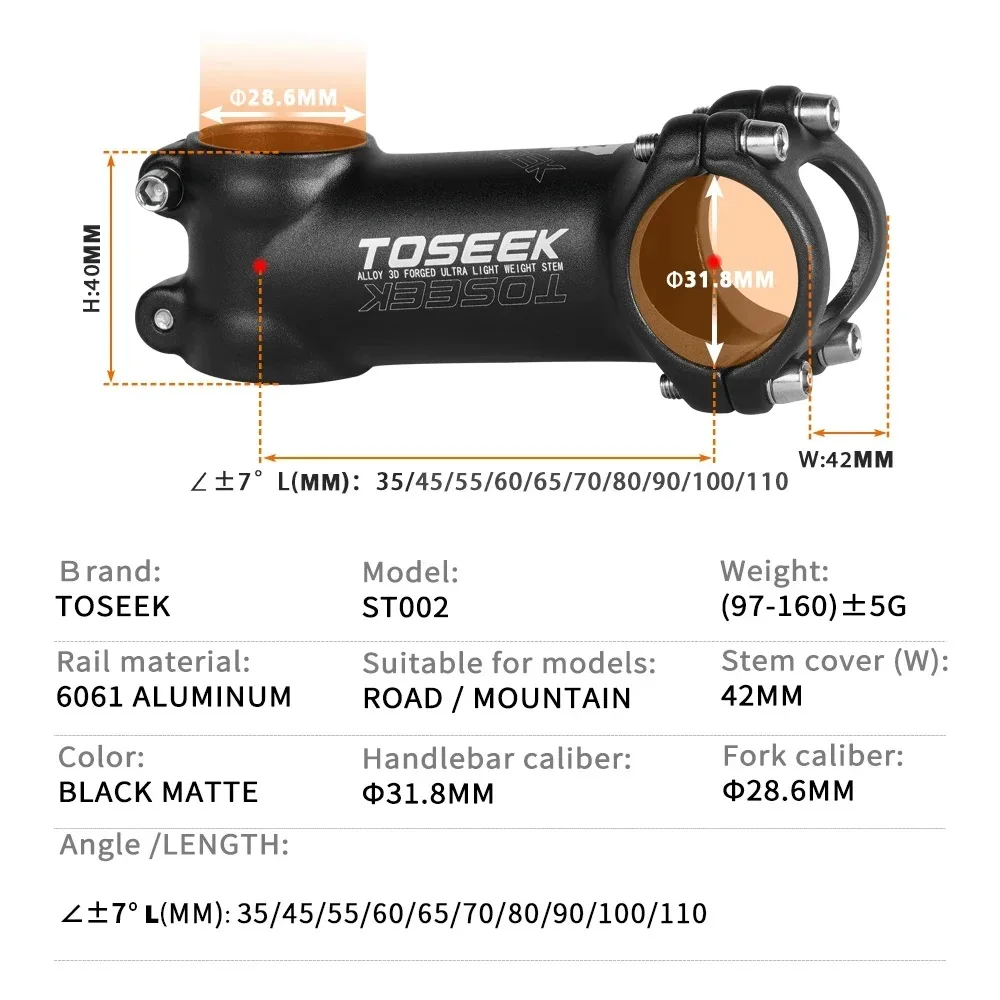 TOSEEK Mtb Road Bicycle Handlebar Stem 7 10 17 25 35 Degree Aluminum Stem 70 80 90mm MTB Power 31.8mm Bike Table Bicycle Parts