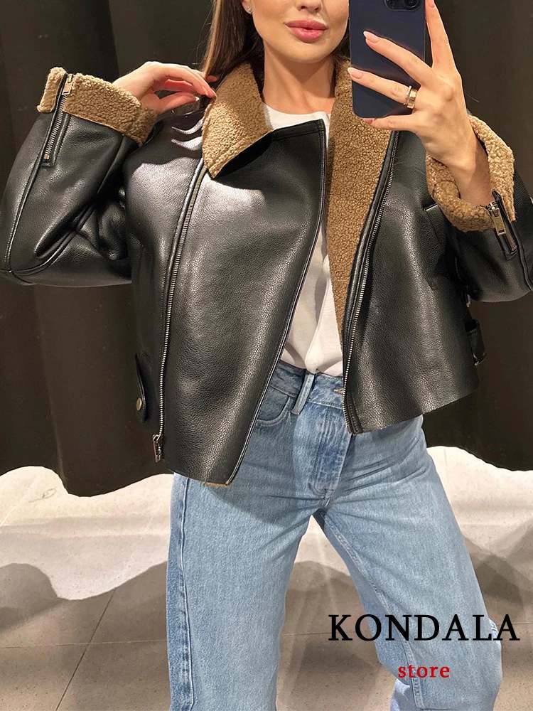 KONDALA Casual Women Leather Jackets Pockets Zippers Long Sleeve Thick Fur Coats Fashion 2023 Autumn Winter Jackets Outwears