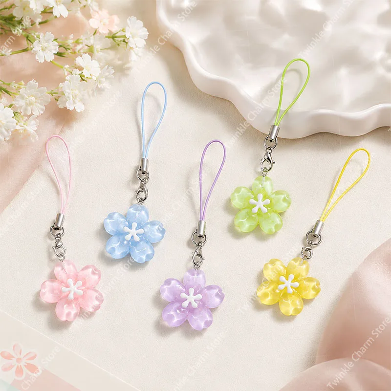 Cute Romance Colorful Sakura Flower Pendant Mobile Phone Chain for Women Girls Couple Accessories Bag Keychain Friendship Gift