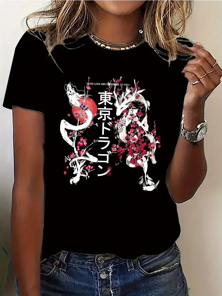 Black Plum Blossom Dragon Geometric Pattern Women ShortSleeve TShirt with Japanese Print Soft Round Neck All-Season Street Style