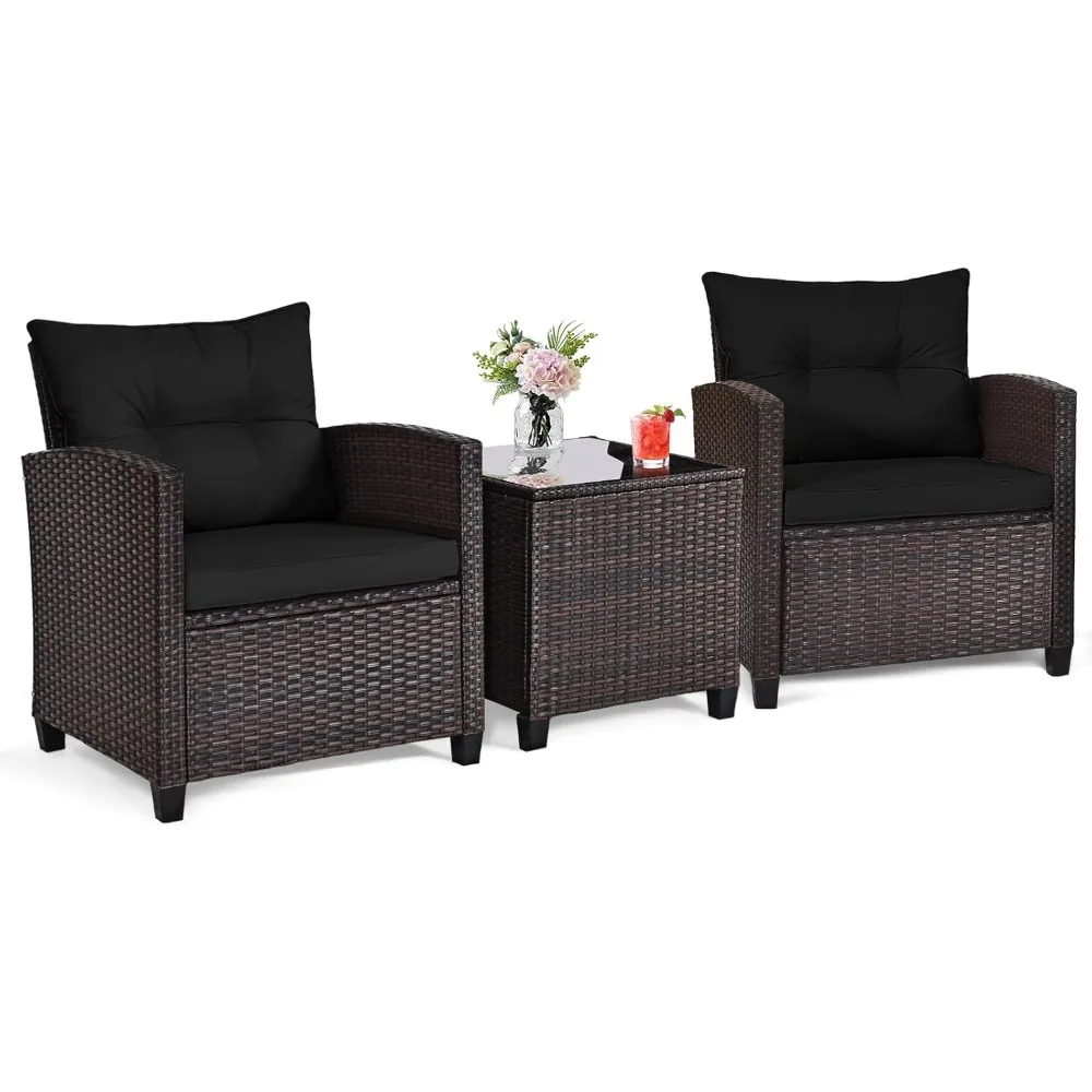 

3 Pieces Patio Furniture Set, Outdoor Wicker Conversation Set Rattan Chairs with Cushions, Glass Coffee Table, Bistro