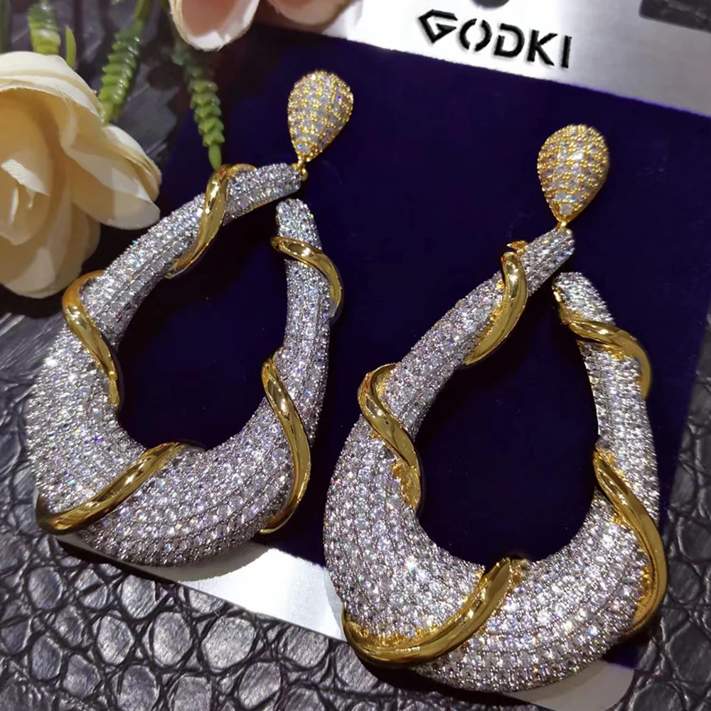 GODKI NEW Trendy 2PCS Tricolor Necklace Earring Jewelry Set For Women Wedding Party Full Zircon Dubai Bridal jewelry Set Gift