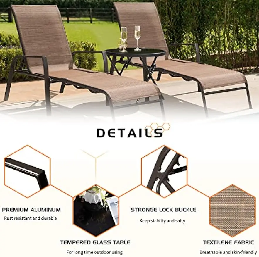 Adjustable Patio Chaise Lounge Set 3 Pcs Textiline Outdoor Foldable Metal Reclining Chairs with Sturdy Glass Top Bistro Table