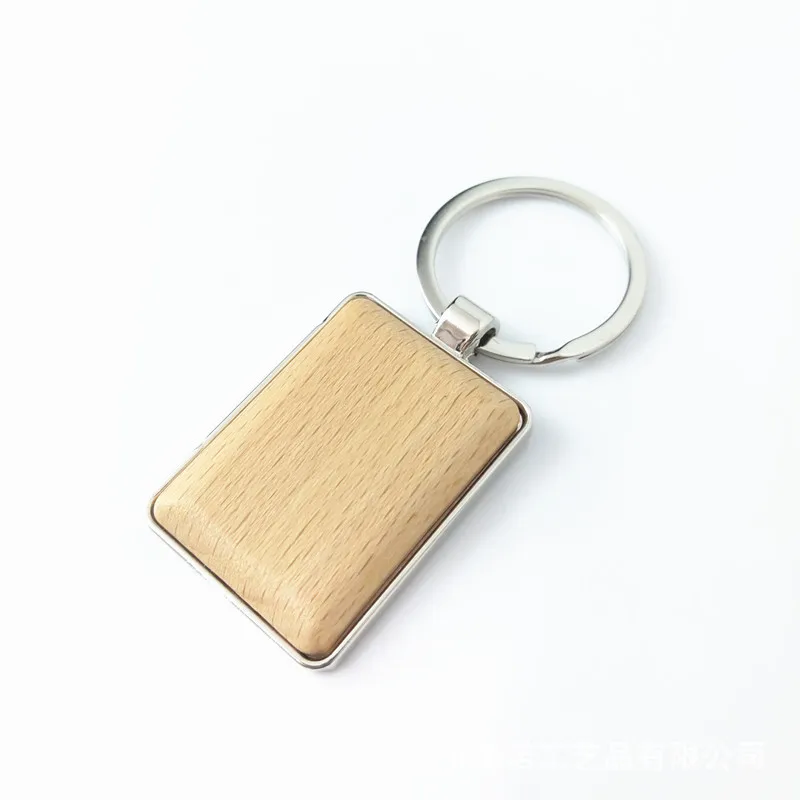 Solid Wood Beech Key Chains Metal Laser Engraving Customizable UV Logo Wooden Keychains Car Exhibition Souvenirs Keyrings Gift