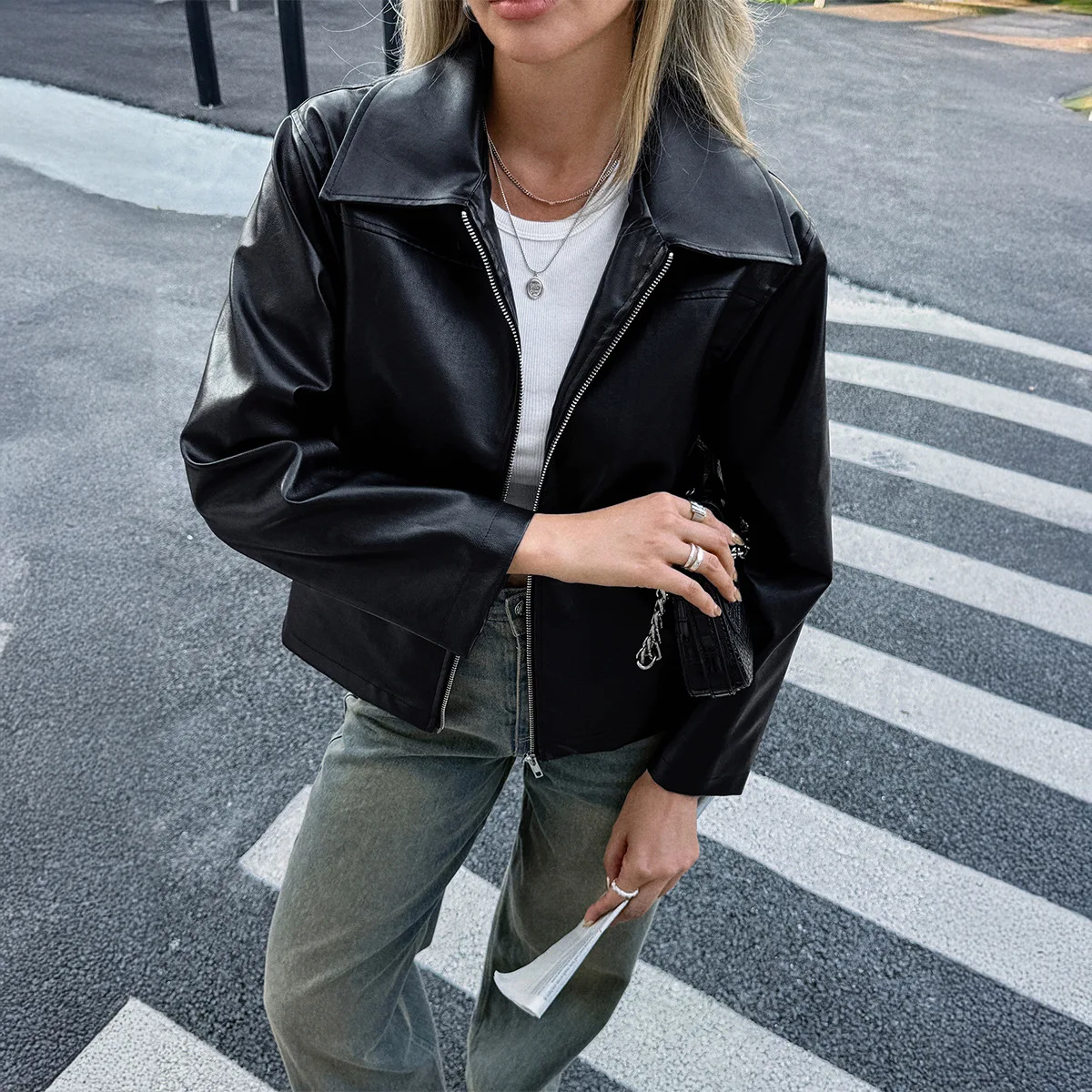 

2025 женские куртки, женская одежда, куртка, осенне-зимняя куртка для женщин, пальто, топ премиум-класса, минималистичная кожаная куртка с длинными рукавами