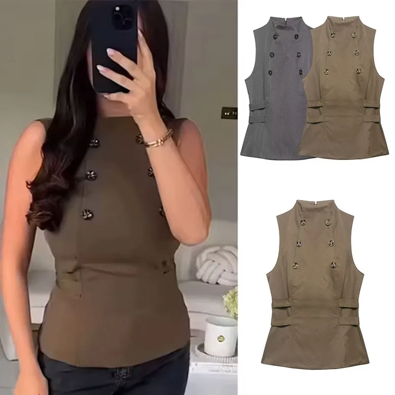 Women's two-tone double-breasted high-neck sleeveless top, waist-cinching slim-fit high-street casual women's vest, 2026 new