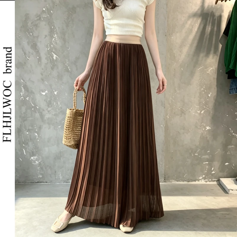 Long Maxi Pleated A‑Line Skirt 2026 Autumn Spring Holiday Cute Girls High Waist Chiffon Skirt for Women Casual Daily Wear