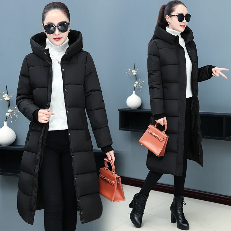 New Winter Korean Slim Fit Fashion Hooded Versatile Cotton Jacket Women Mid To Long Length Over Knee Thick Warm Down Cotton Coat