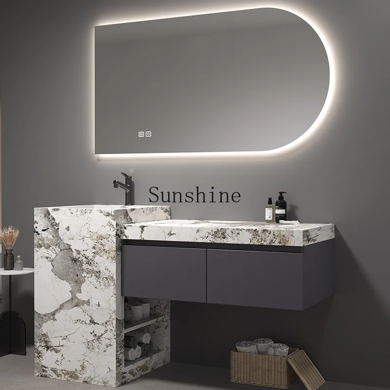 

Modern simple bathroom cabinet combination light luxury rock slab seamless splicing basin column type