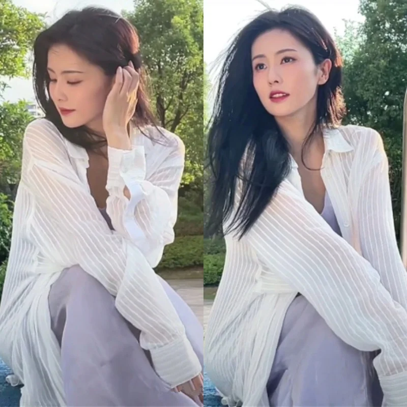 

EXJR Summer White Striped Shirt Thin Sun Protection Women's Loose Fit Long Sleeve Neck Button down Casual Top