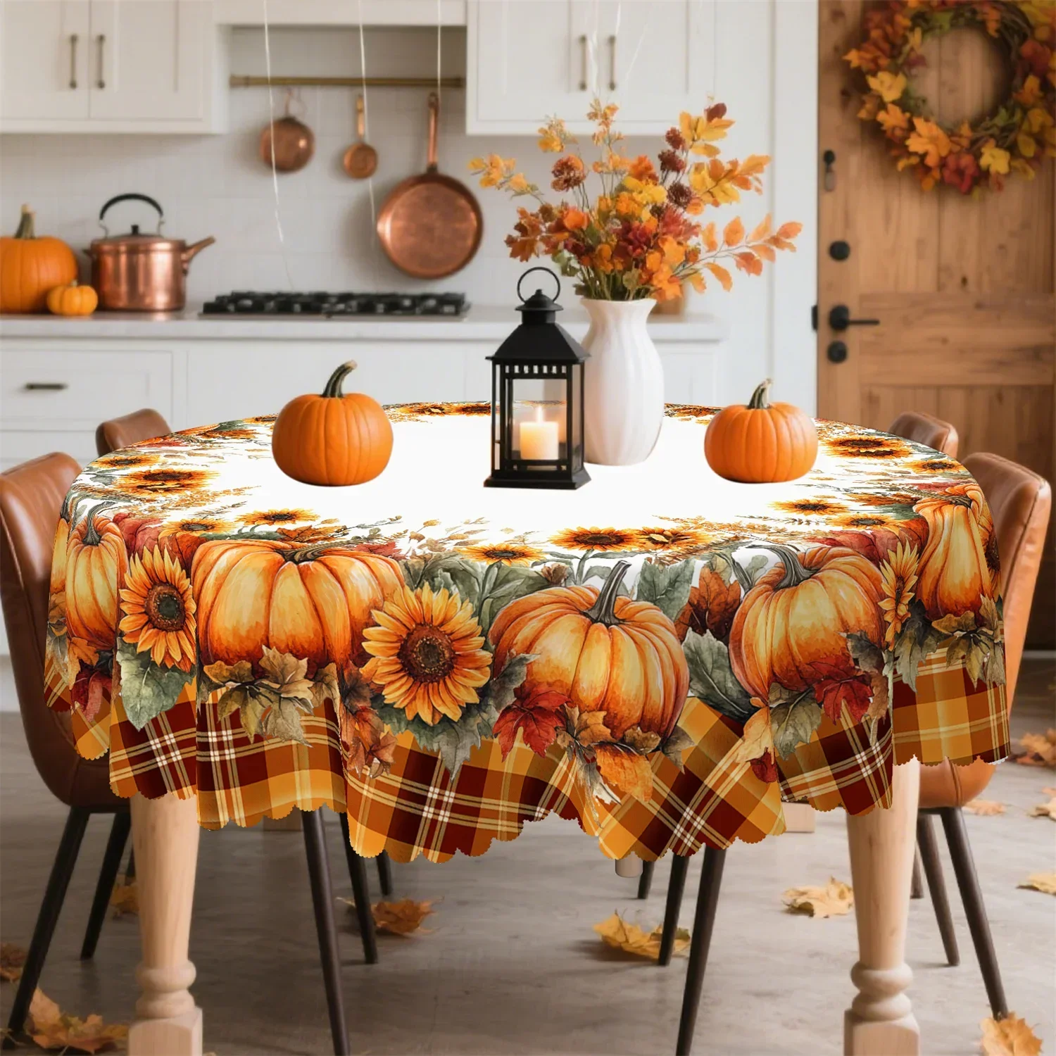 Buffalo checkered pumpkin sunflower leaf tablecloth, suitable for the autumn harvest Thanksgiving tablexzj