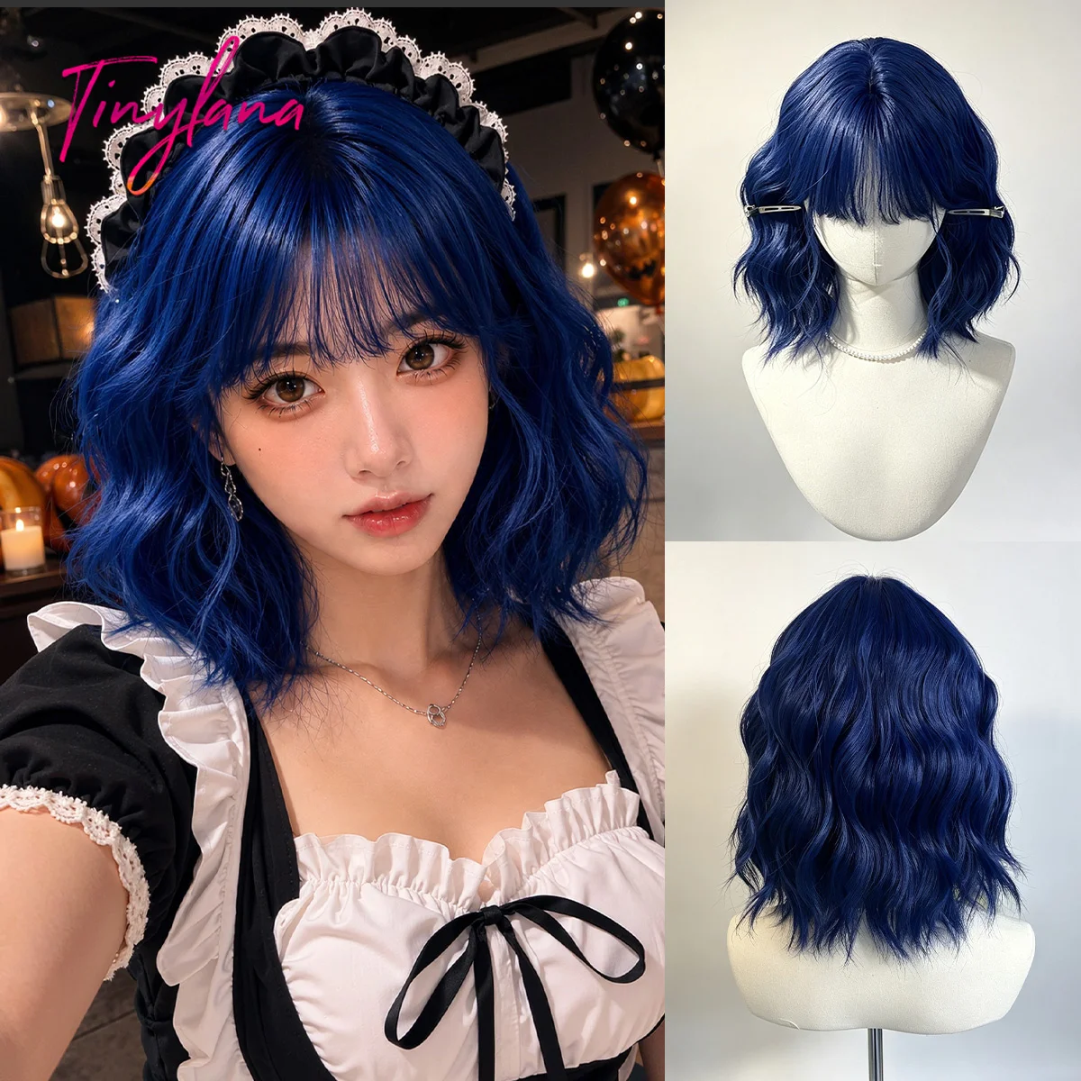 Short Deep Blue Curly Wavy Synthetic Wigs for Women with Bangs Halloween Party Daily Cosplay Fake Fiber Hair Wig Heat Resistant