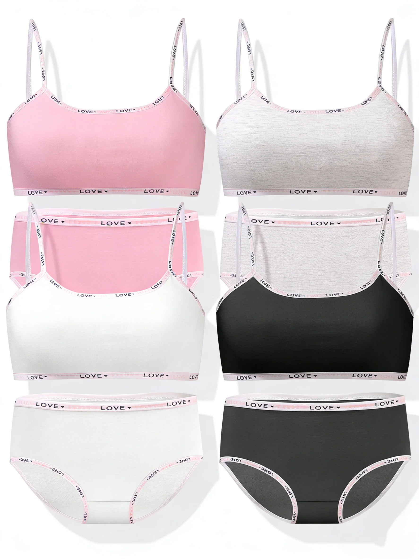 Girls' Simple Solid Color Fashionable Wireless Camisole Bra Set with Comfortable Breathable Briefs Four-Piece Lingerie Set